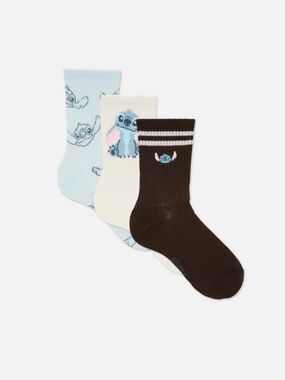 Disney 3-Pack Stitch Socks in Blue, Cream & Brown